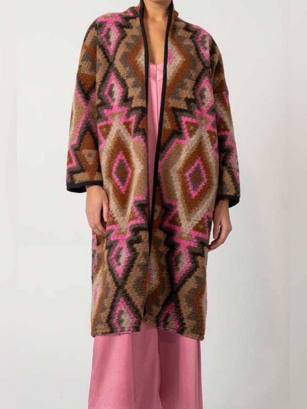 Astrid Women's Patterned Open-Front Long Coatigan in Brown & Pink